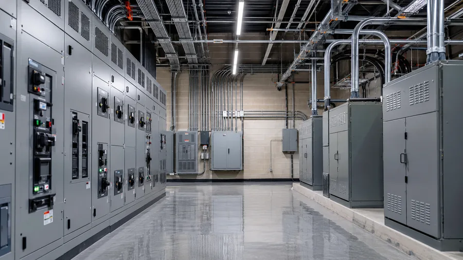 Clean commercial electrical room with switchgear, panels, conduit, and cable tray