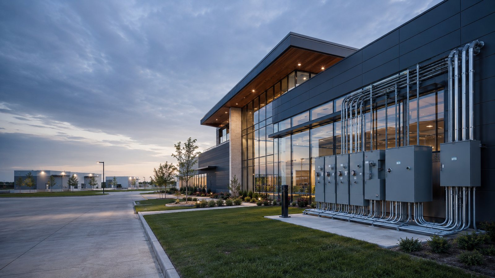 Modern commercial building with coordinated electrical service equipment