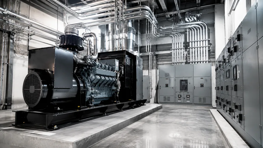 Commercial generator and emergency power room with switchgear, conduit, and engineered equipment layout