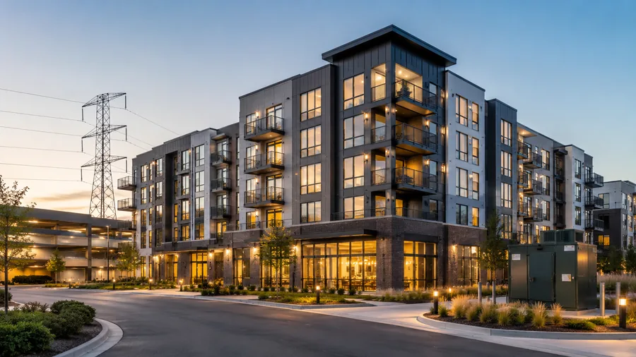 Modern multifamily building with site lighting, utility coordination, and service infrastructure