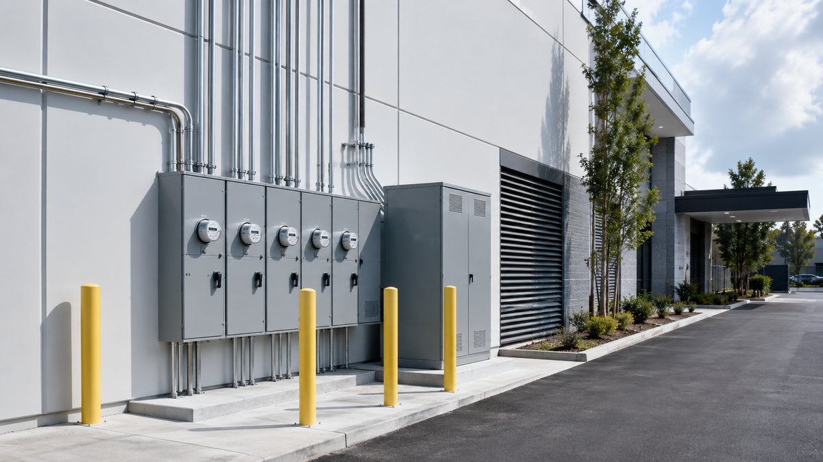 Commercial service upgrade with meter-main equipment, utility conduits, bollards, and building service gear