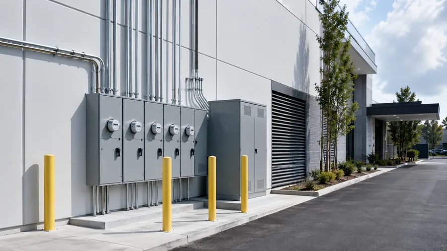 Commercial service upgrade with meter-main equipment, utility conduits, bollards, and building service gear