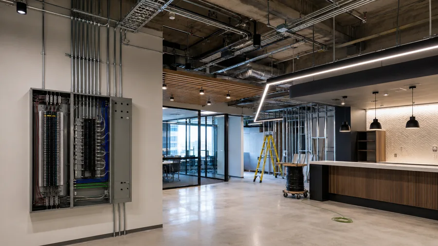 Commercial tenant improvement build-out with exposed electrical panel, conduits, lighting, and interior finish work